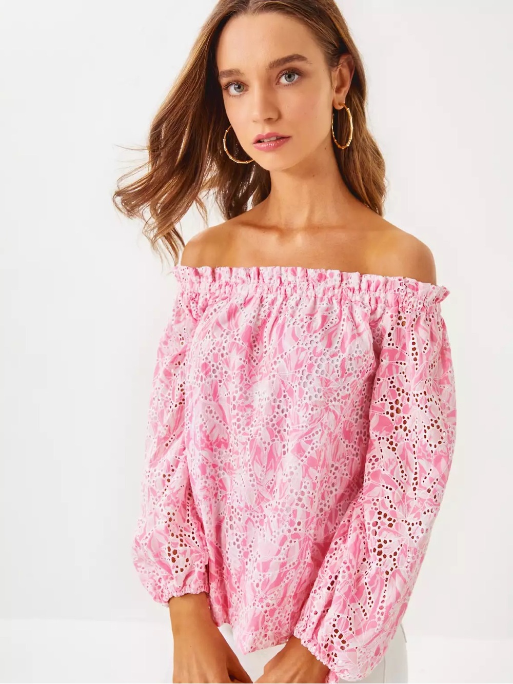Lilly Pulitzer Jamilynn Off-Shoulder Eyelet Blouse Size L Pink